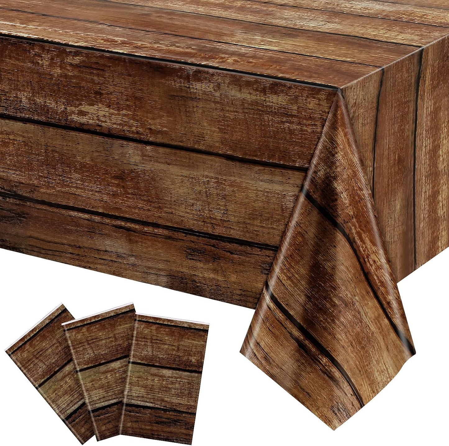 3-Piece Rustic Brown Wood-Grain Tablecloth Set