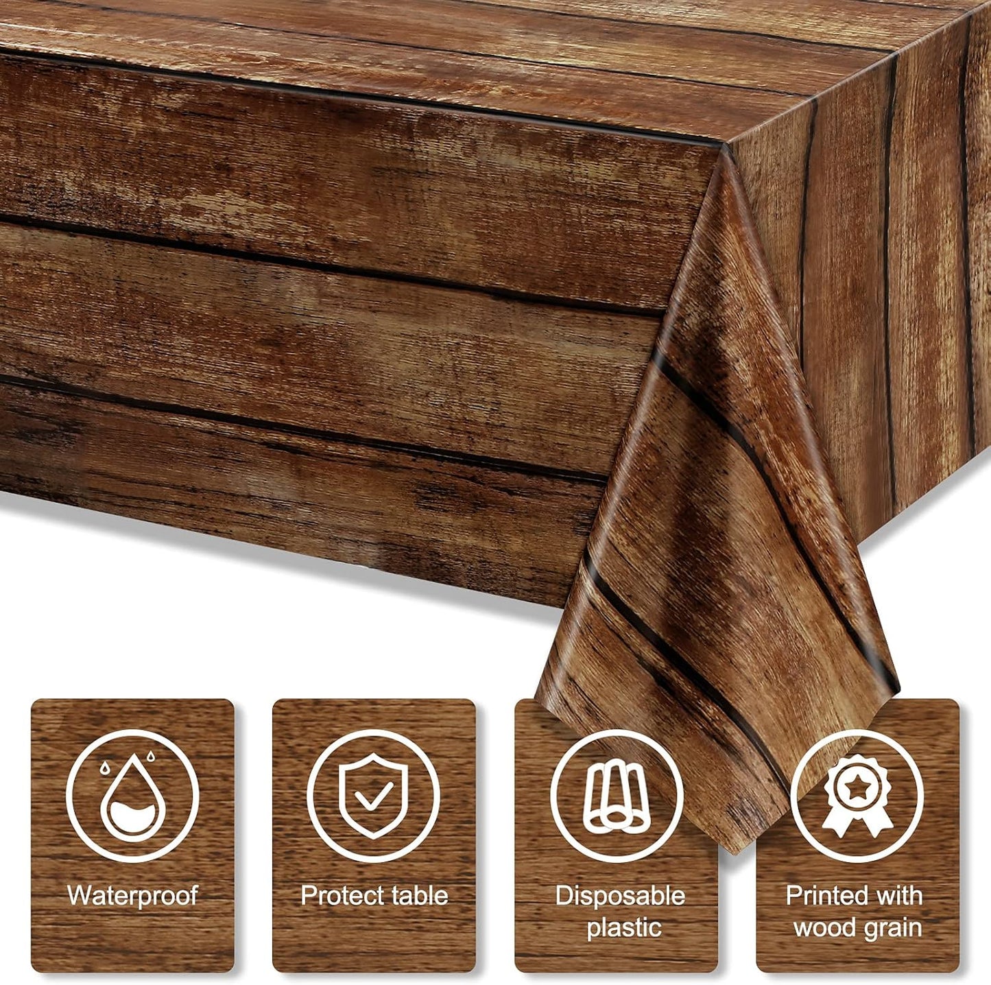 3-Piece Rustic Brown Wood-Grain Tablecloth Set