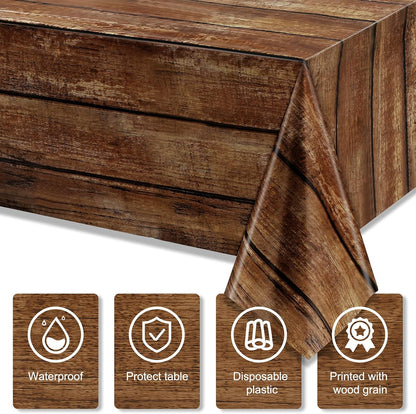 3-Piece Rustic Brown Wood-Grain Tablecloth Set